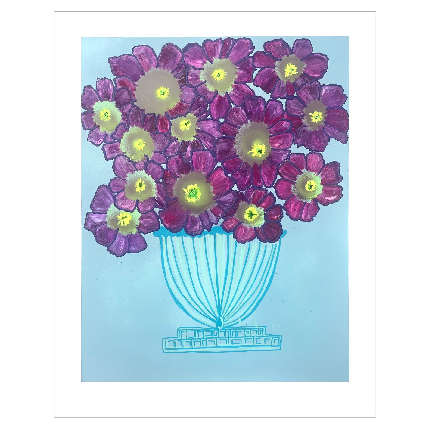 Full painting Cosmos Flowers in vase on a soft blue background