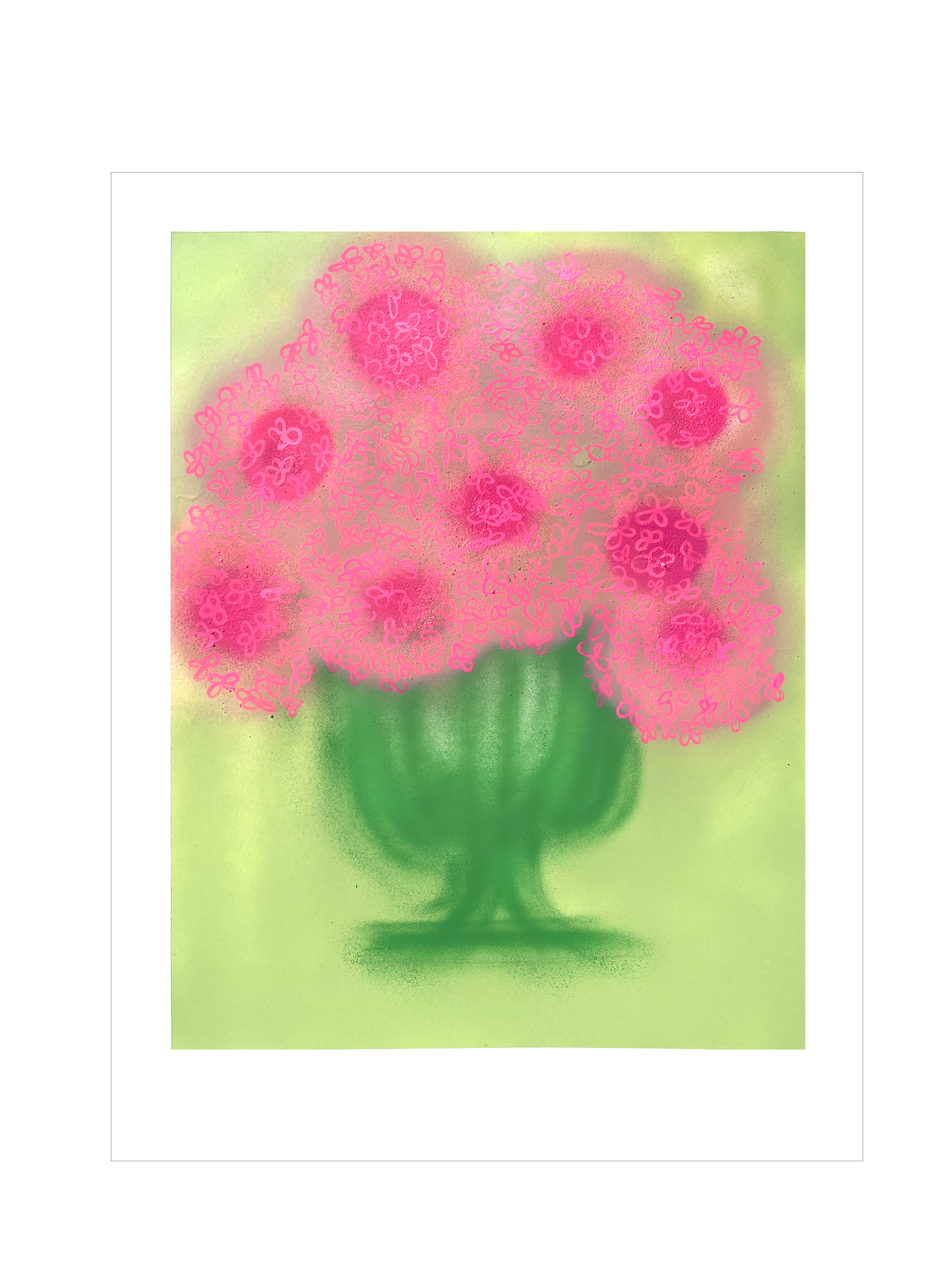 Full painting Pink Allium with green vase, soft pale green background